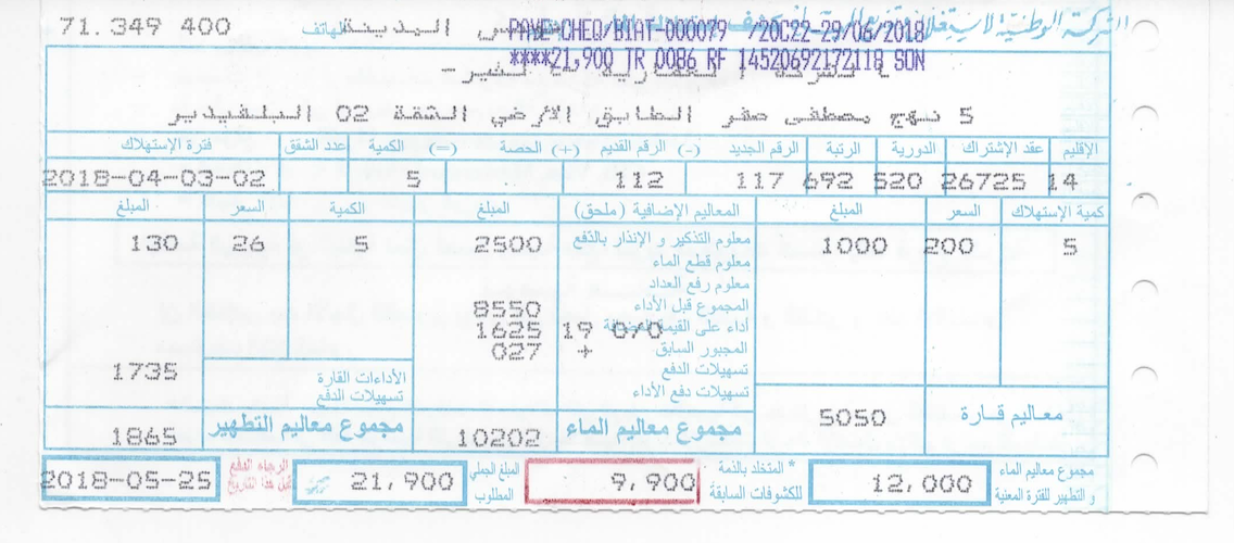 Facture eau SONEDE - Barr al Aman 2020
